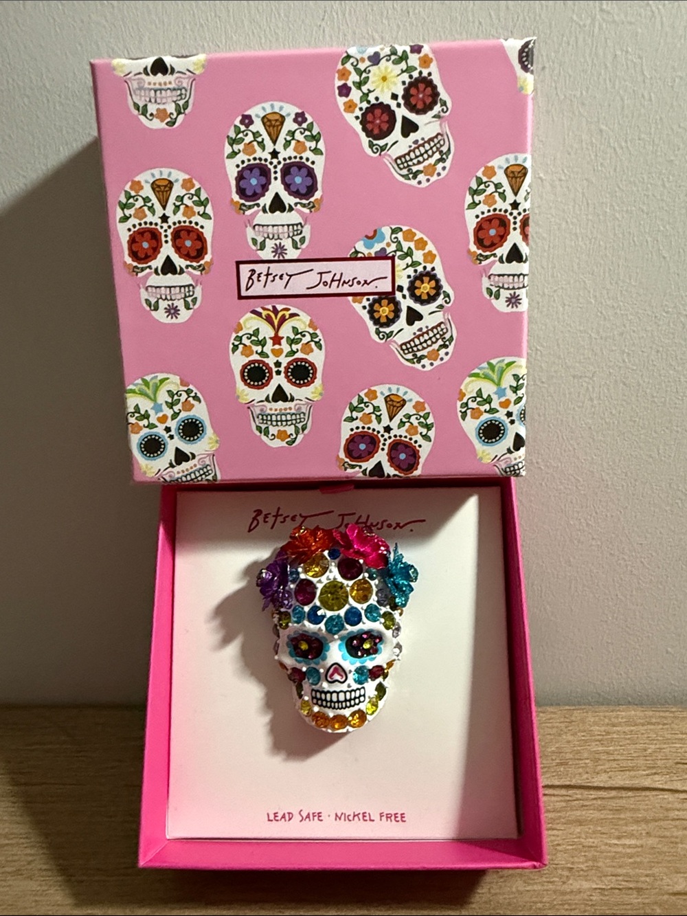 Betsey Johnson Multicolor Crystal Sugar Skull Brooch - Pink Box
